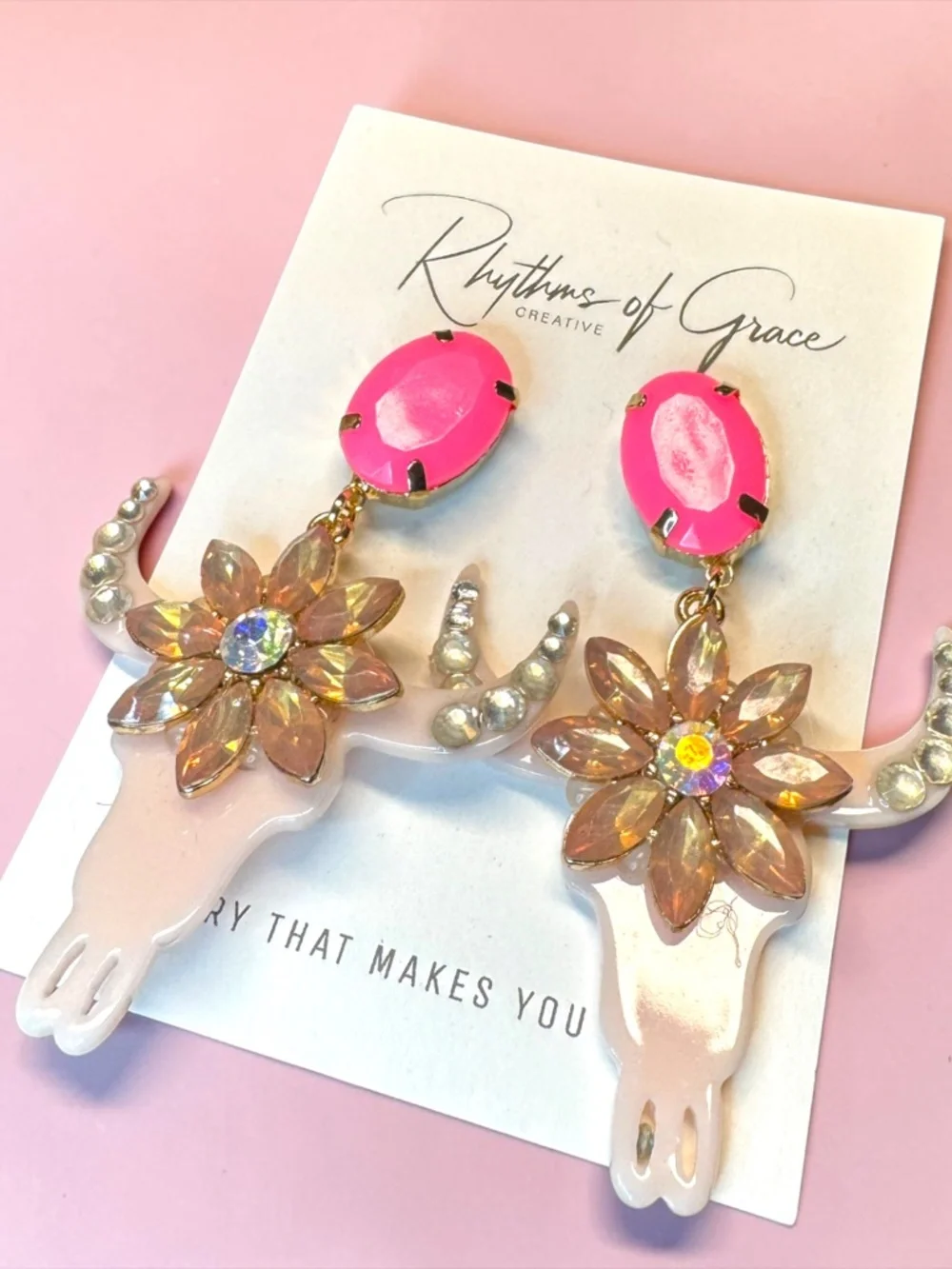 Western Cow Skull Rhinestone Floral Statement Earrings Pink NWT